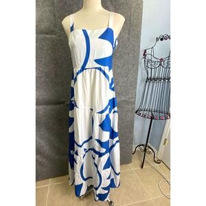 Abstract Blue White Maxi Dress Summer Resort Wear Strapless Sundress Size M